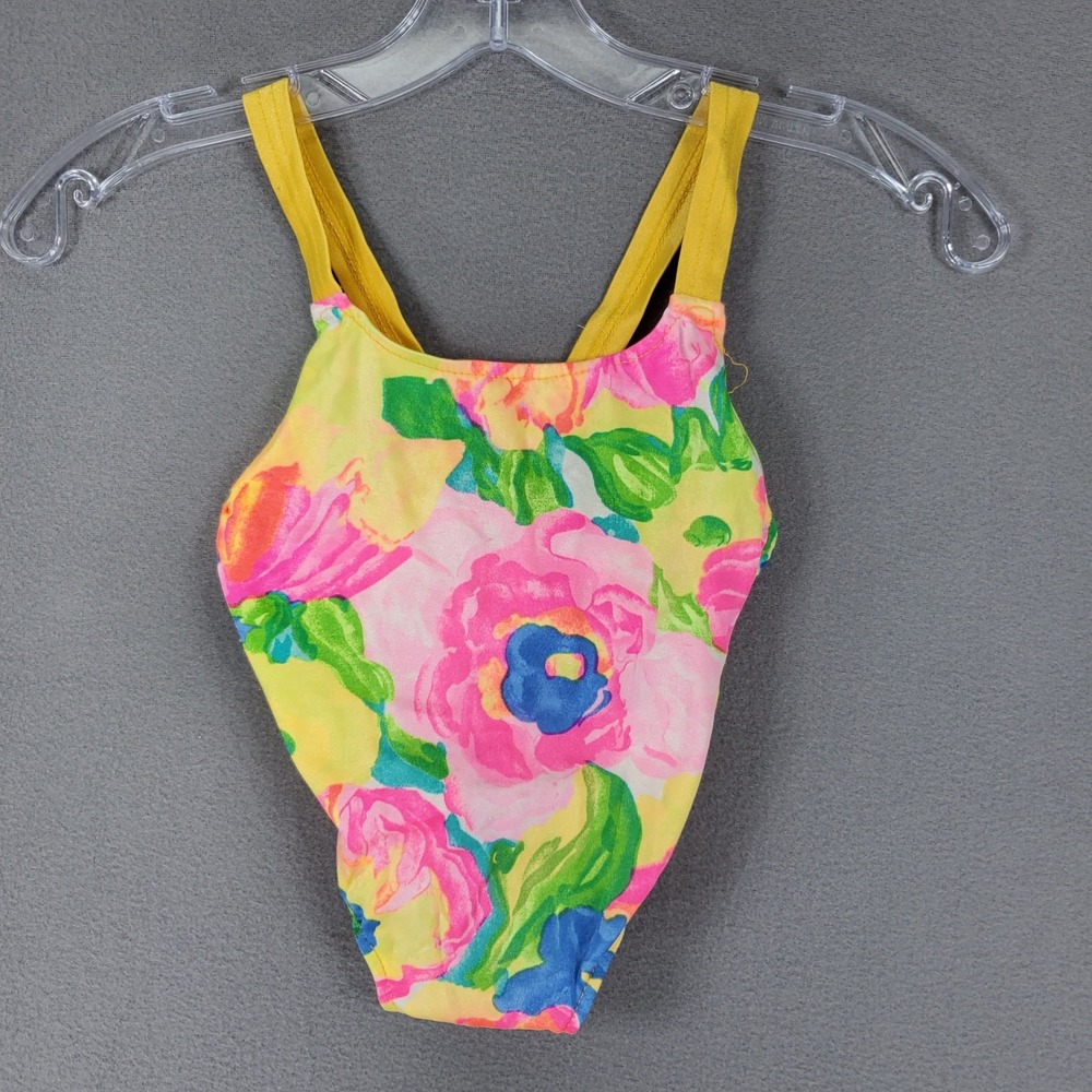 Sea Fair‎ One Piece Swimsuit Kids 5 Yellow Floral VTG Toddler USA Bow Cross Back